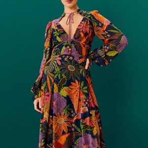 NWT- Farm Rio, navy cool macaw midi dress